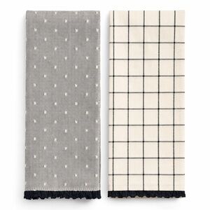 Black & Cream Grid Tea Towels Farmhouse Kitchen Towels Decorative Trim Set of 2